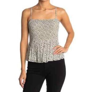 Lush Womens Tank Top Summer Flowy Ivory Pleated Camisole Black Print,Size M, NWT